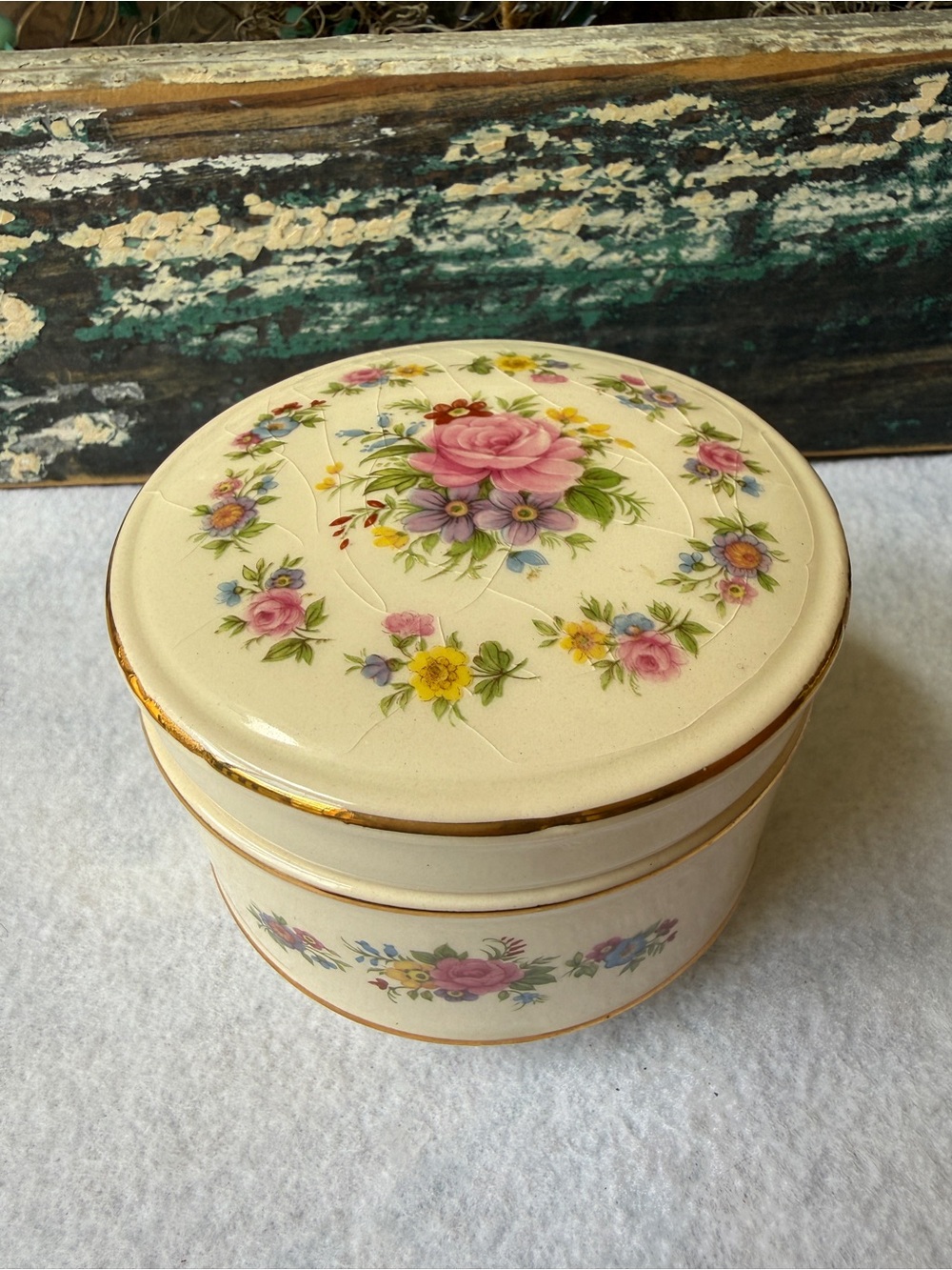 Sadler England Floral Lidded Trinket Box Covered Jewelry Dish Vintage Rose Gold